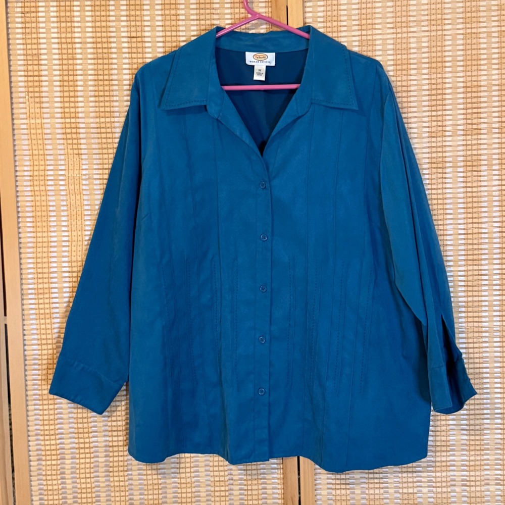 Talbots Woman Petites 3X Teal Blue Pintuck Faux Suede Button Down Shirt Top